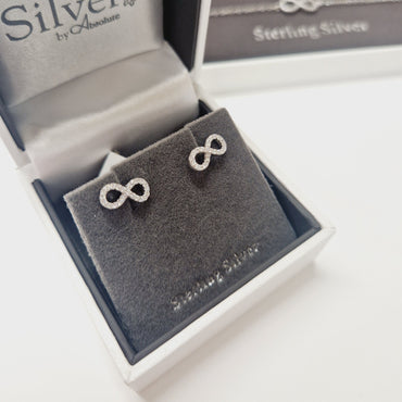 Infinity Love Diamante Sterling Silver Stud Earrings