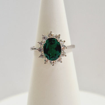 Sterling Silver Emerald Halo Ring