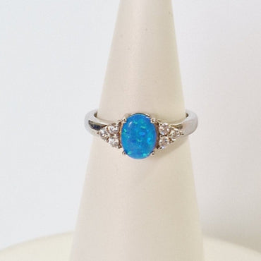 Sterling Silver Blue Opal Ring with Cubic Zirconia