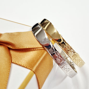 Personalised sterling silver gold claddagh baby bangle with engraving option for boys and girls