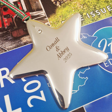 silver star christmas tree decoration with engraving
