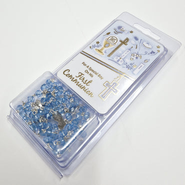 blue rosary and prayer card for boys communion in ireland