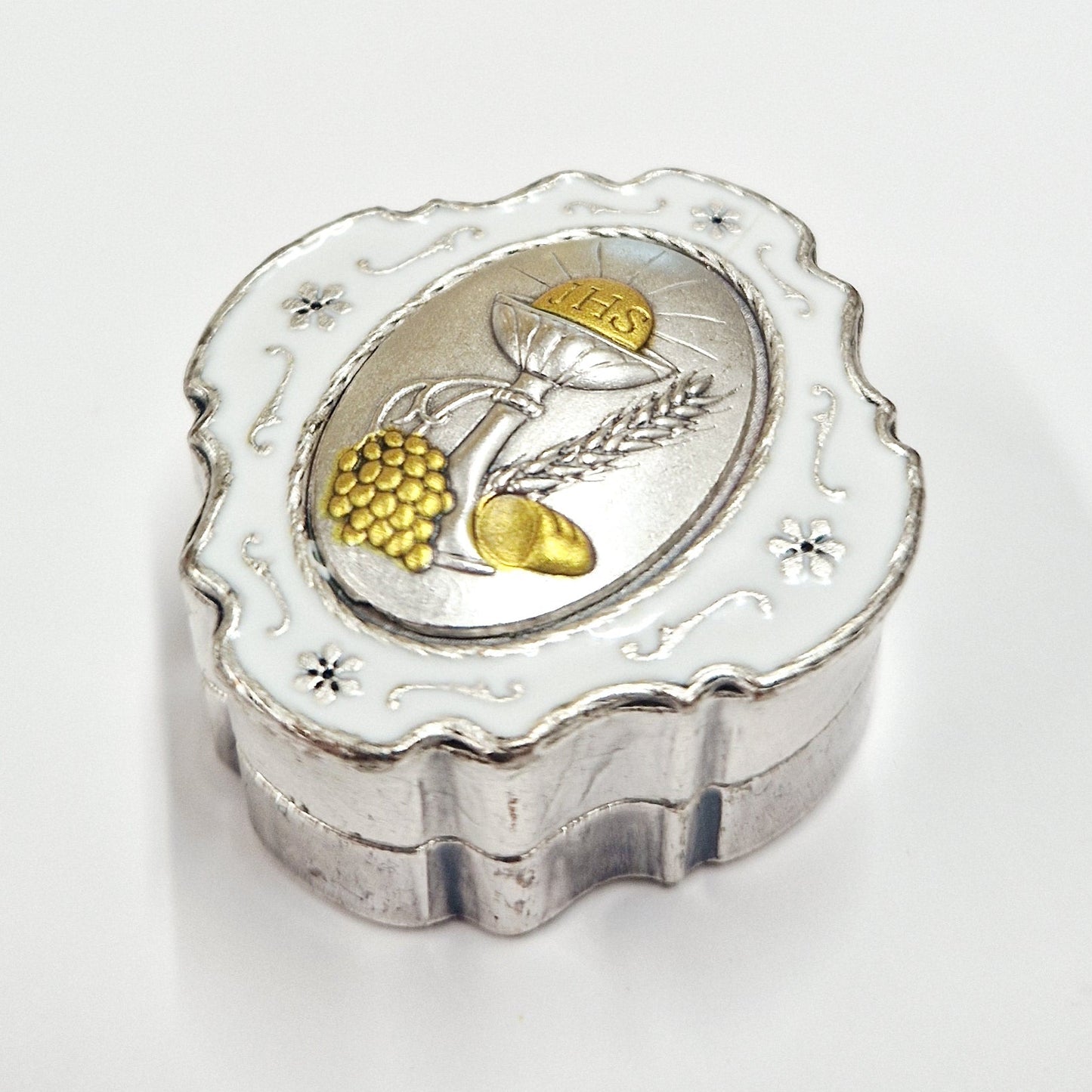 White Glass Rosary Beads in Decorative Metal Gift Box