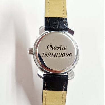 engraving on boys communion watch with black leather strap
