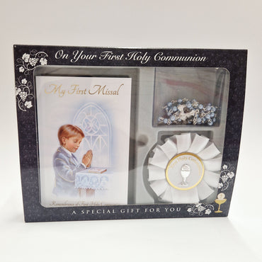 holy communion boys rosette and blue rosary beads gift set