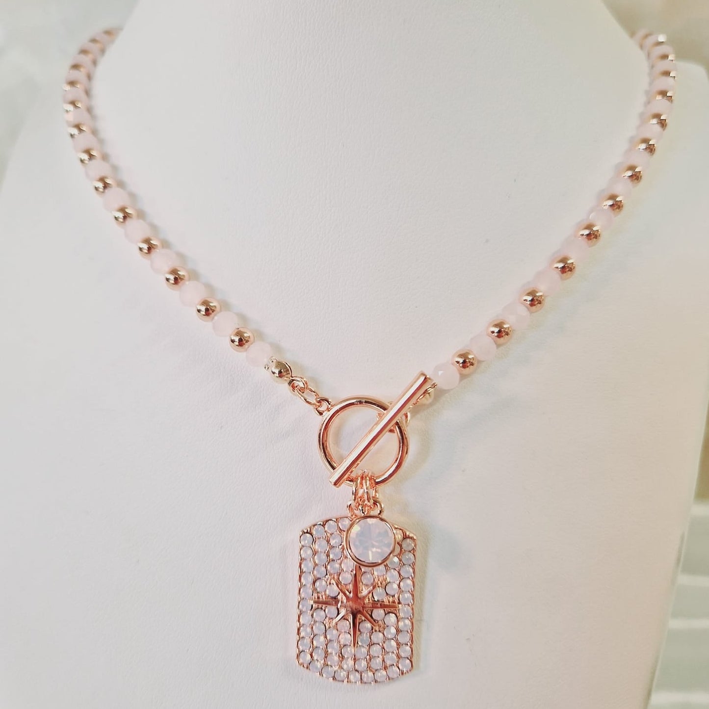 Absolute Jewellery Beaded T-Bar Star Drop Necklace in Pink Opal