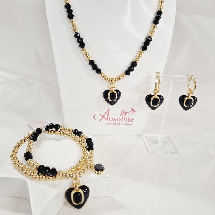 Absolute Jewellery Onyx Heart Yellow Gold Beaded Necklace