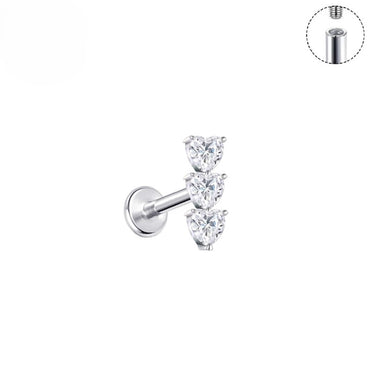 Titanium 3 Hearts Flat Back Labret Earing with Cubic Zirconia
