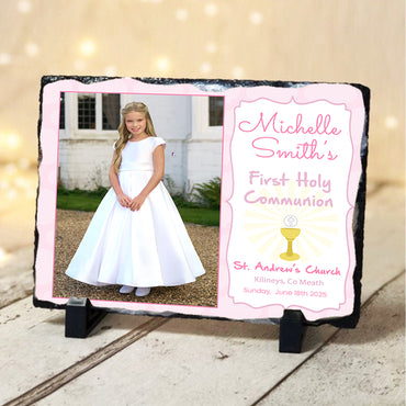 Personalised Communion Photo on a Slate in Pink
