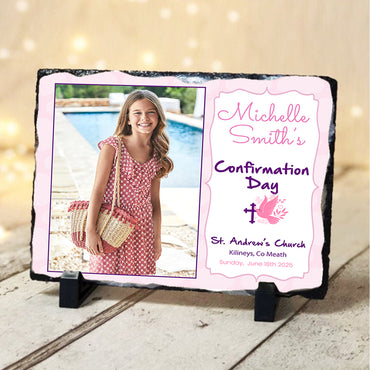 Personalised Confirmation Photo on a Slate in Pink