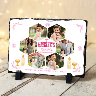 Communion Blessings Photo Collage on a Slate in Pink