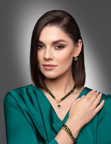 Absolute Jewellery 2-Way Chain With Halo & T-Bar Clasp Yellow Gold Emerald Necklace