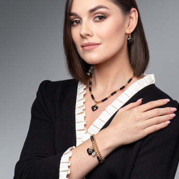 Absolute Jewellery Onyx Heart Yellow Gold Beaded Necklace