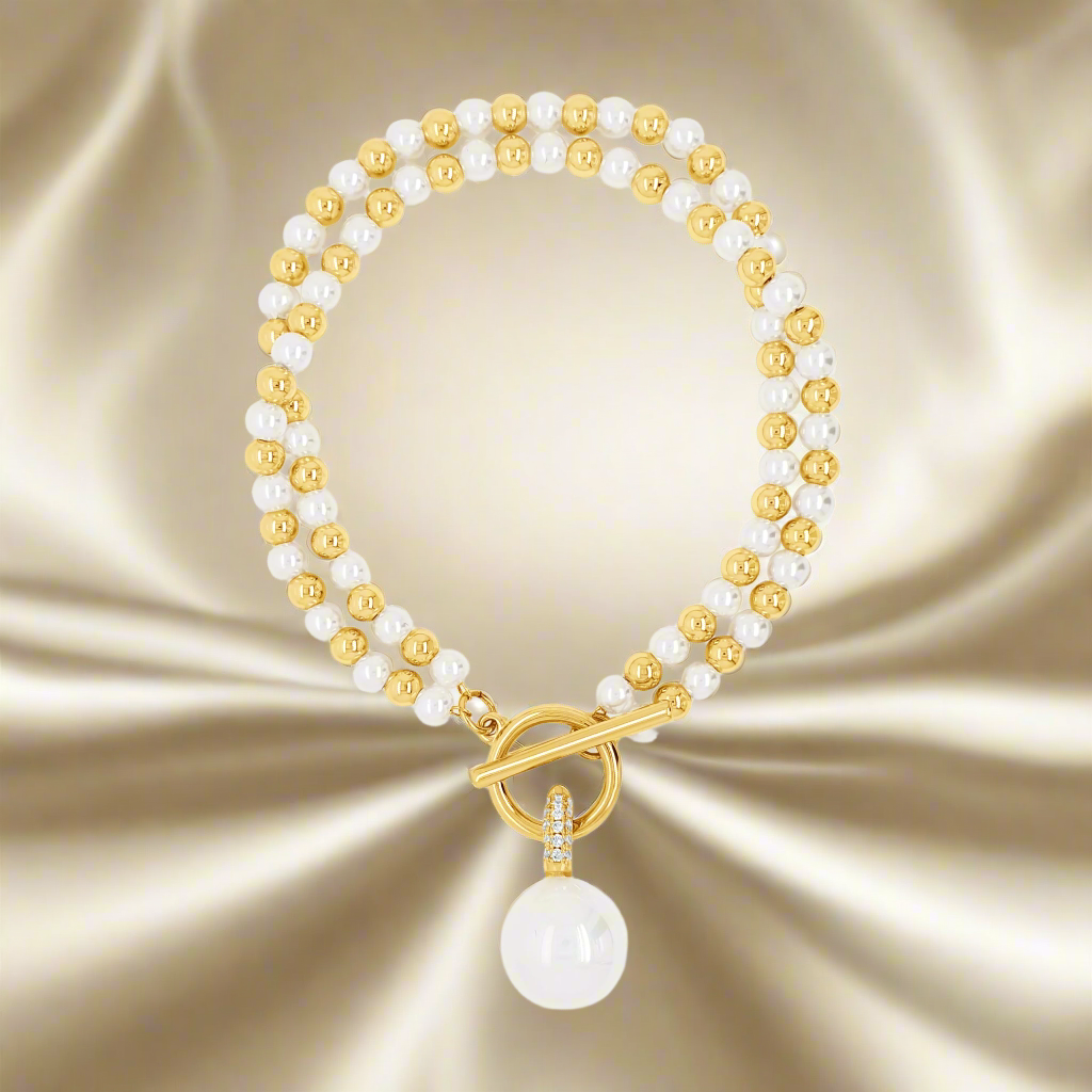 Absolute Jewellery Double Strand Pearls T-Bar Gold Bracelet