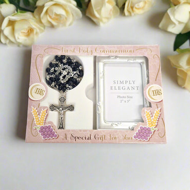 Communion Glass Black Rosary & Photo Frame Gift Set