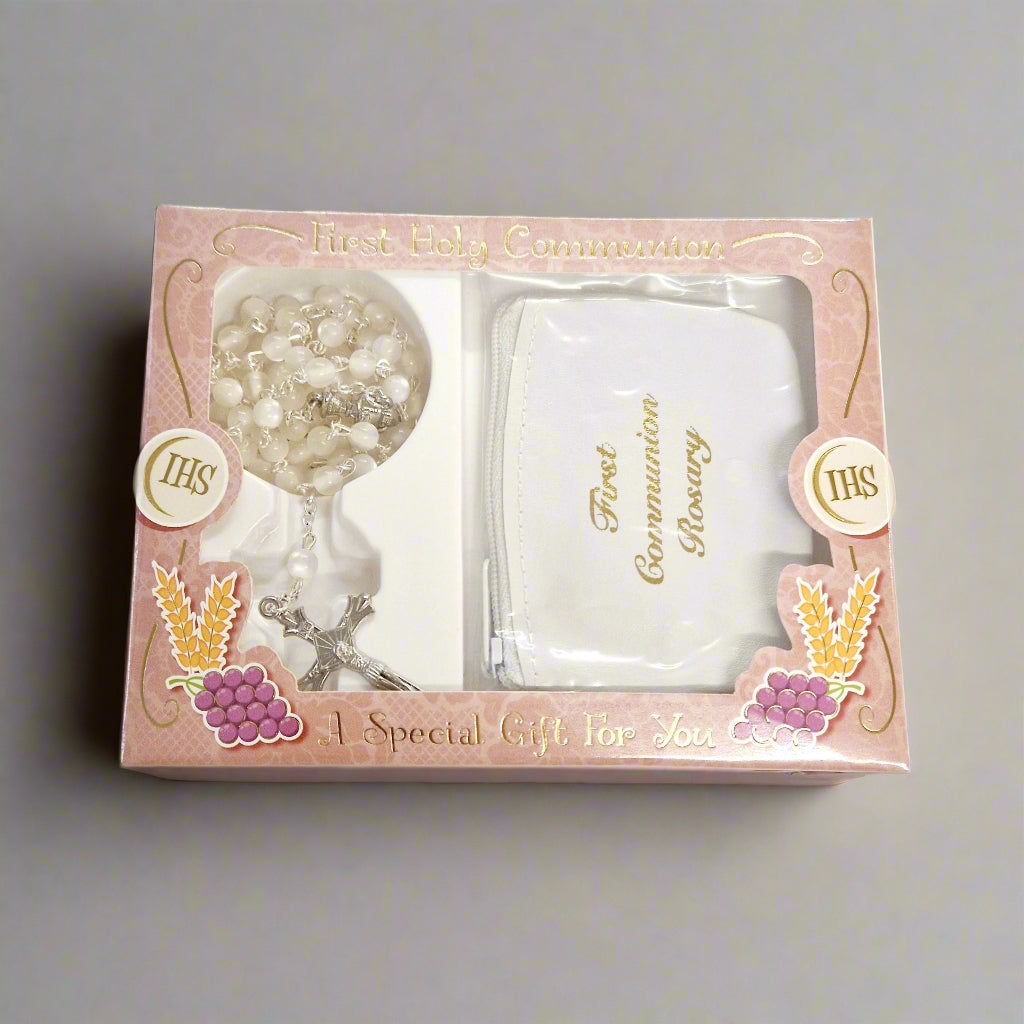 Communion Pearl Rosary & Leather Purse Gift Set