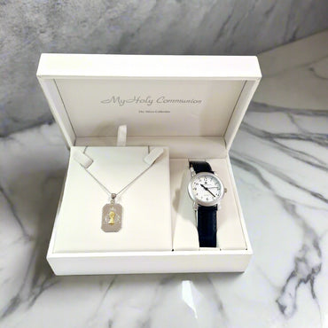 Communion Silver Medal & Black Strap Watch Gift Set