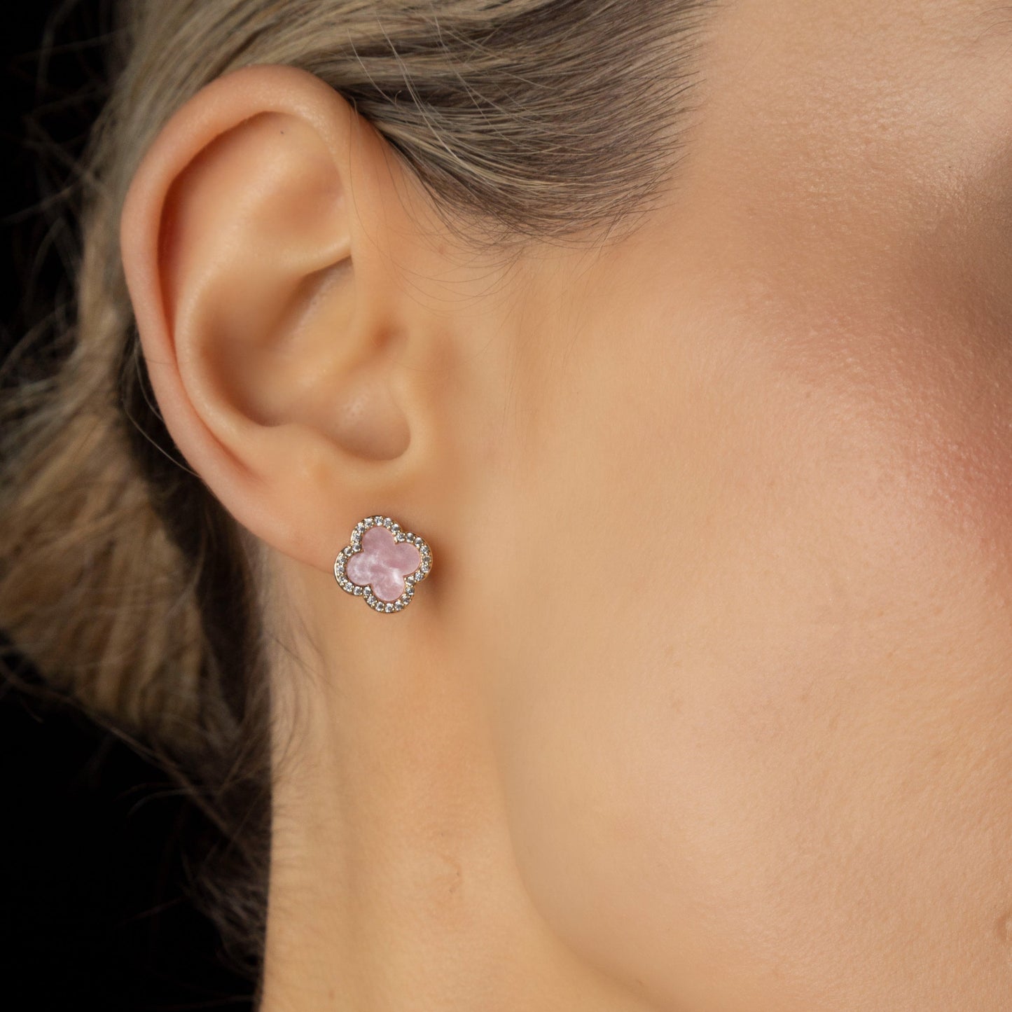 pink clover studs in yellow gold - eva victoria ireland