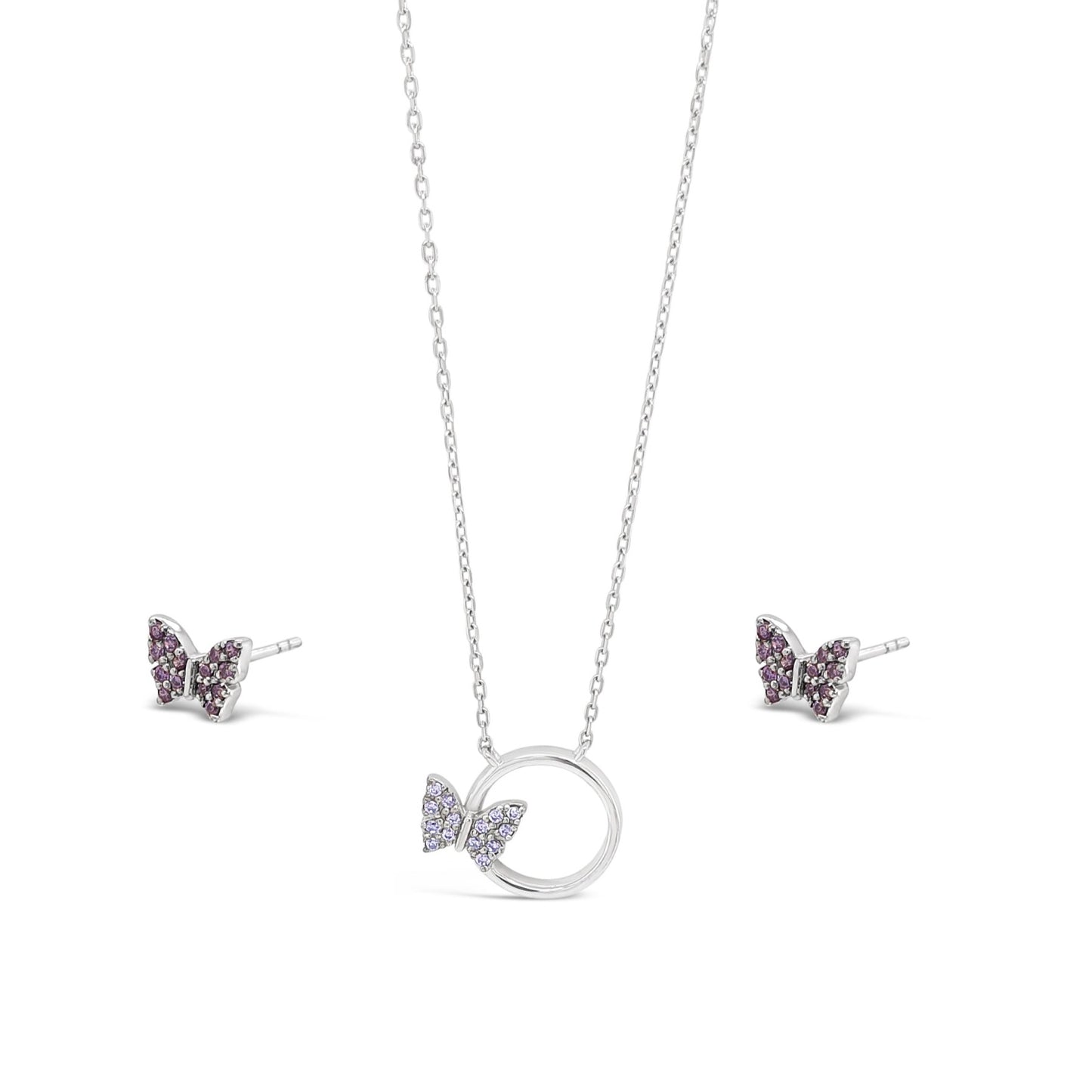Amethyst Purple Butterfly Pendant & Earrings Sterling Silver Set for Kids