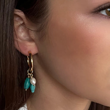 Yellow Gold Hoop Earrings Turquoise Charms