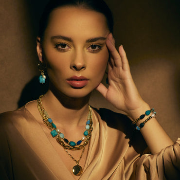 Large Yellow Gold Hoop Earrings with Turquoise Charms