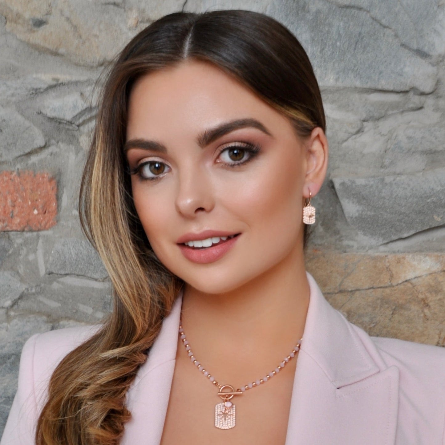 Absolute Jewellery Pink Opal Rose Gold Dogtag Earrings