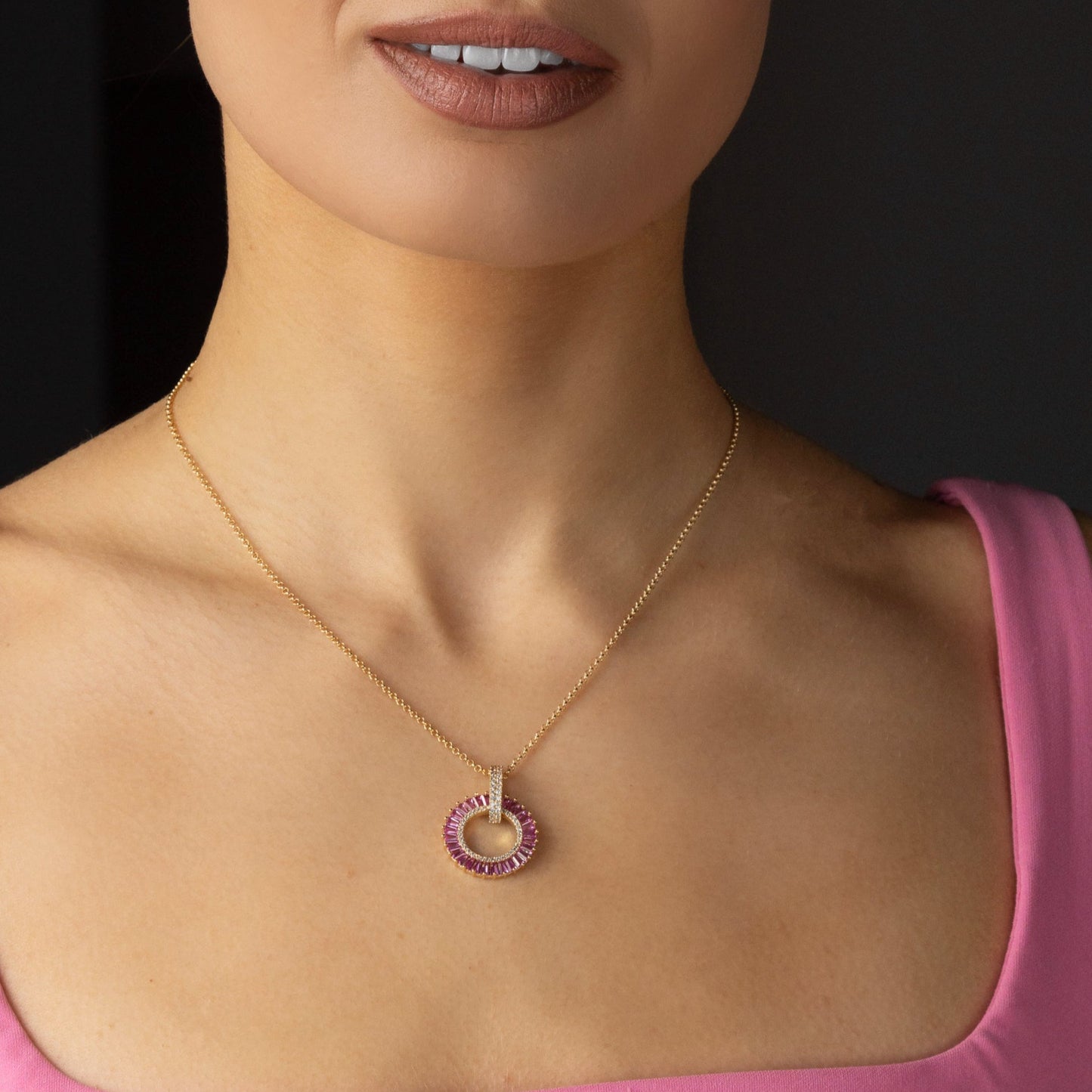 yellow gold necklace with pink pendant - eva victoria ireland