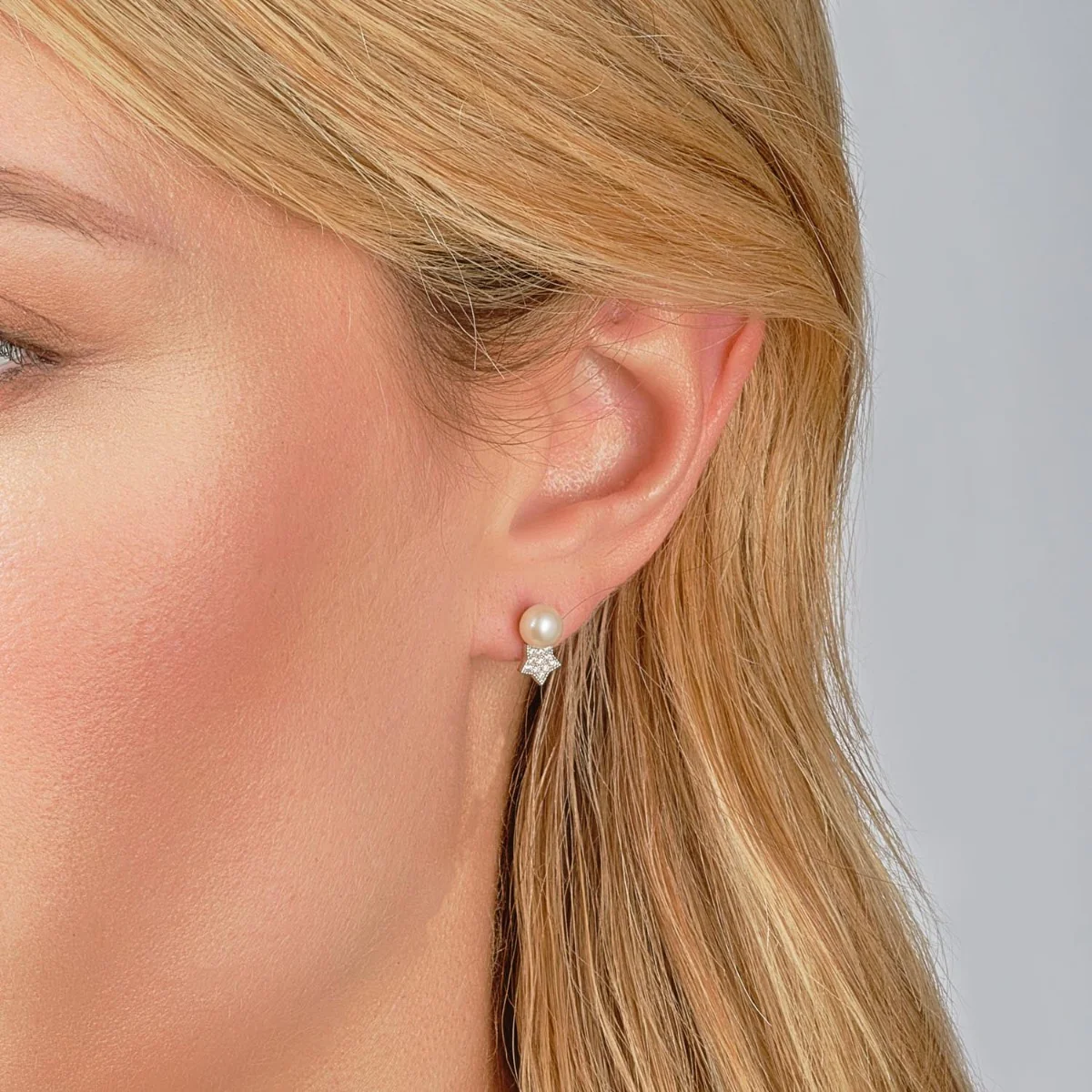 White Pearl & Sparkling Star Sterling Silver Stud Earrings
