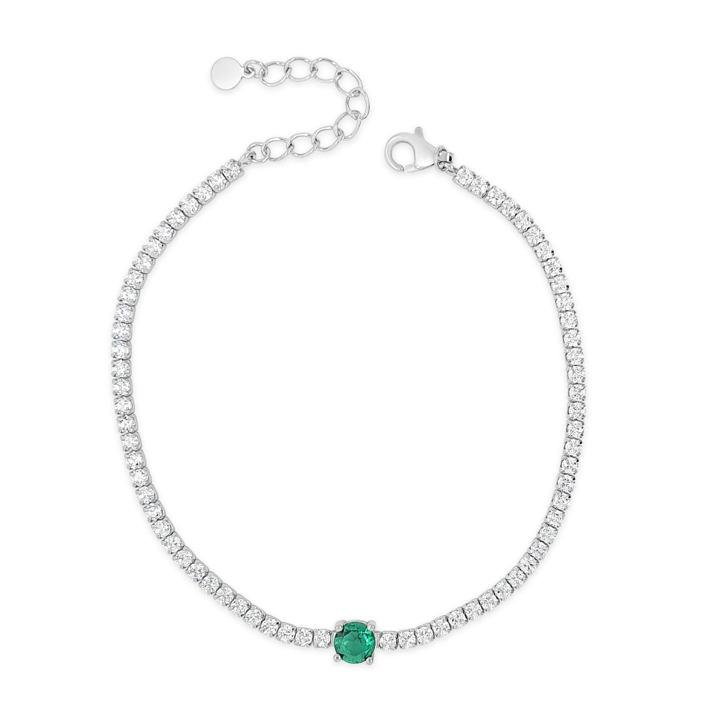 Tennis Style with Emerald Centre Stone Sterling Silver Bracelet