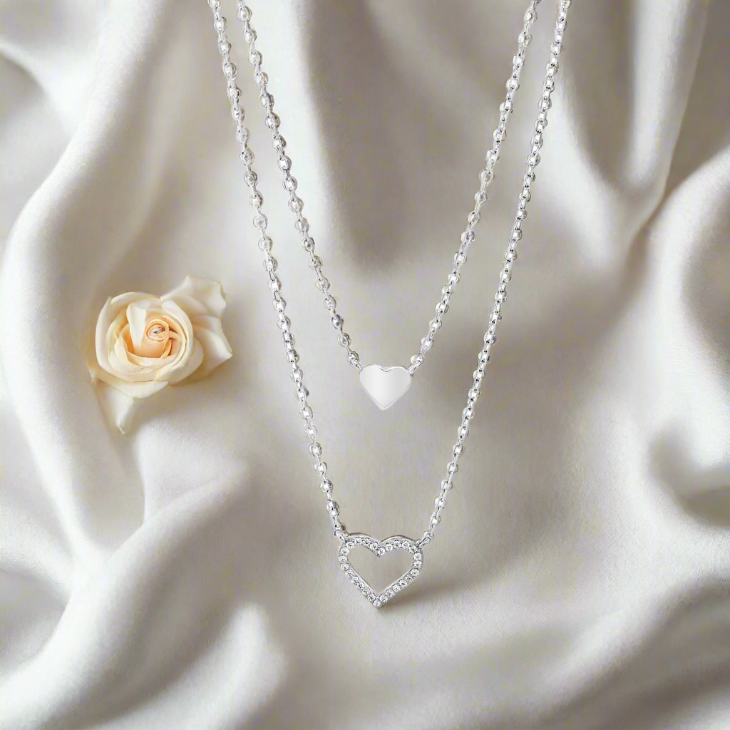 Two Hearts Sterling Silver Double Layered Necklace