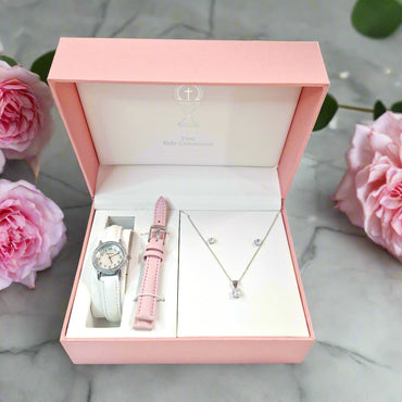 White Crystal Watch & Sterling Silver Solitaire Pendant & Earrings Gift Set