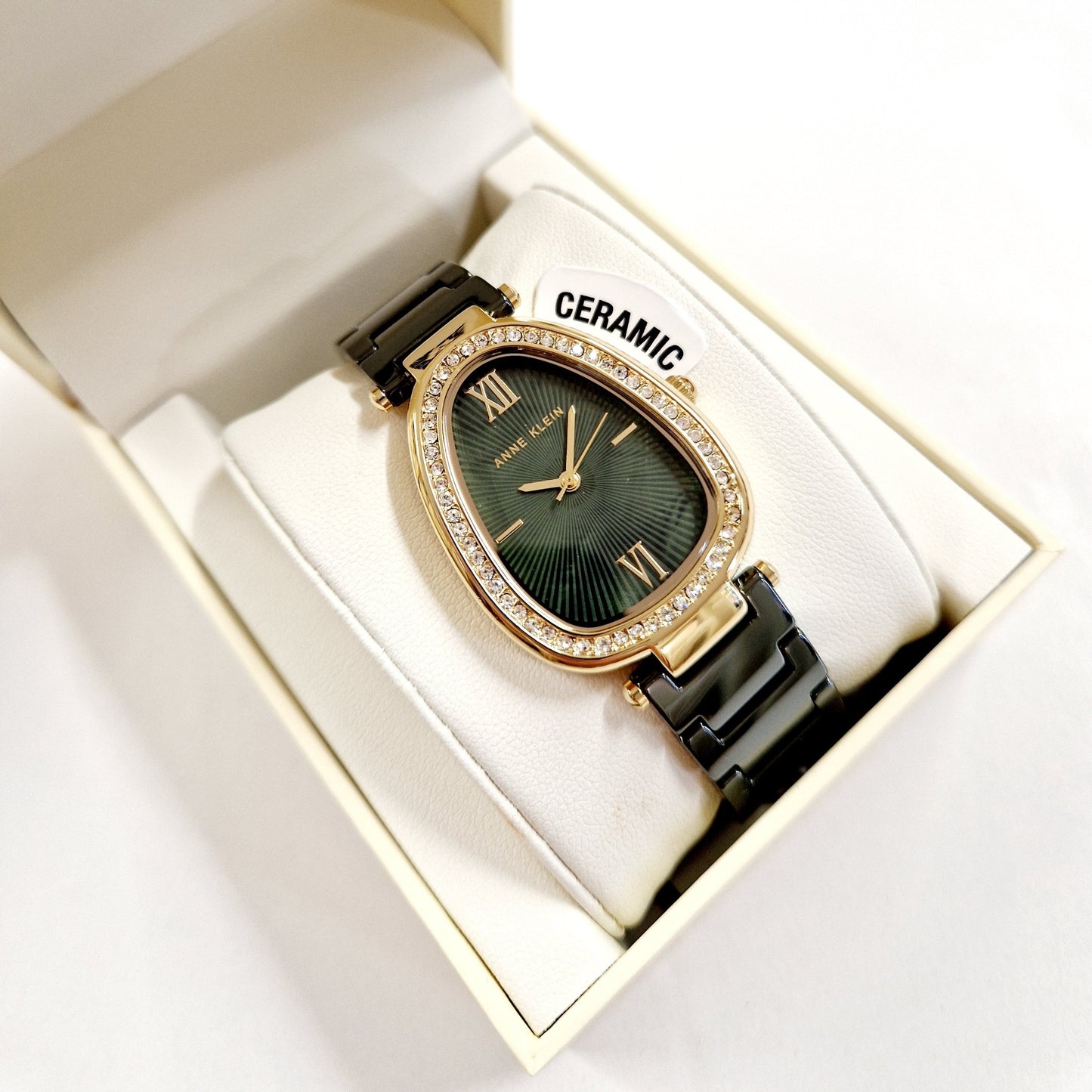 Anne Klein Green Oval Ceramic Gold Watch