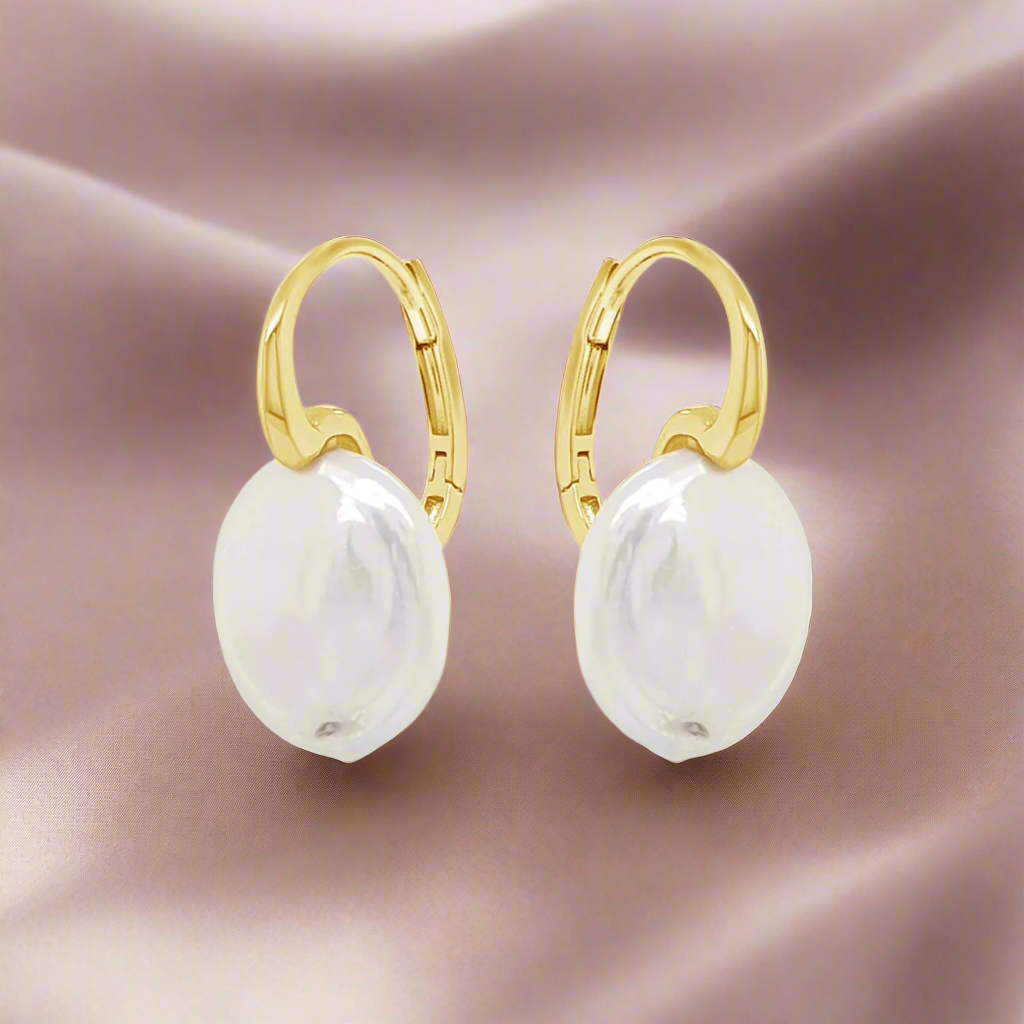 Absolute Jewellery Button Pearl Gold Hoop Earrings
