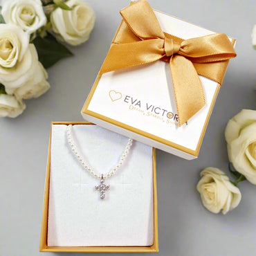 Sterling Silver Sparkling Cross on White Pearls Necklace