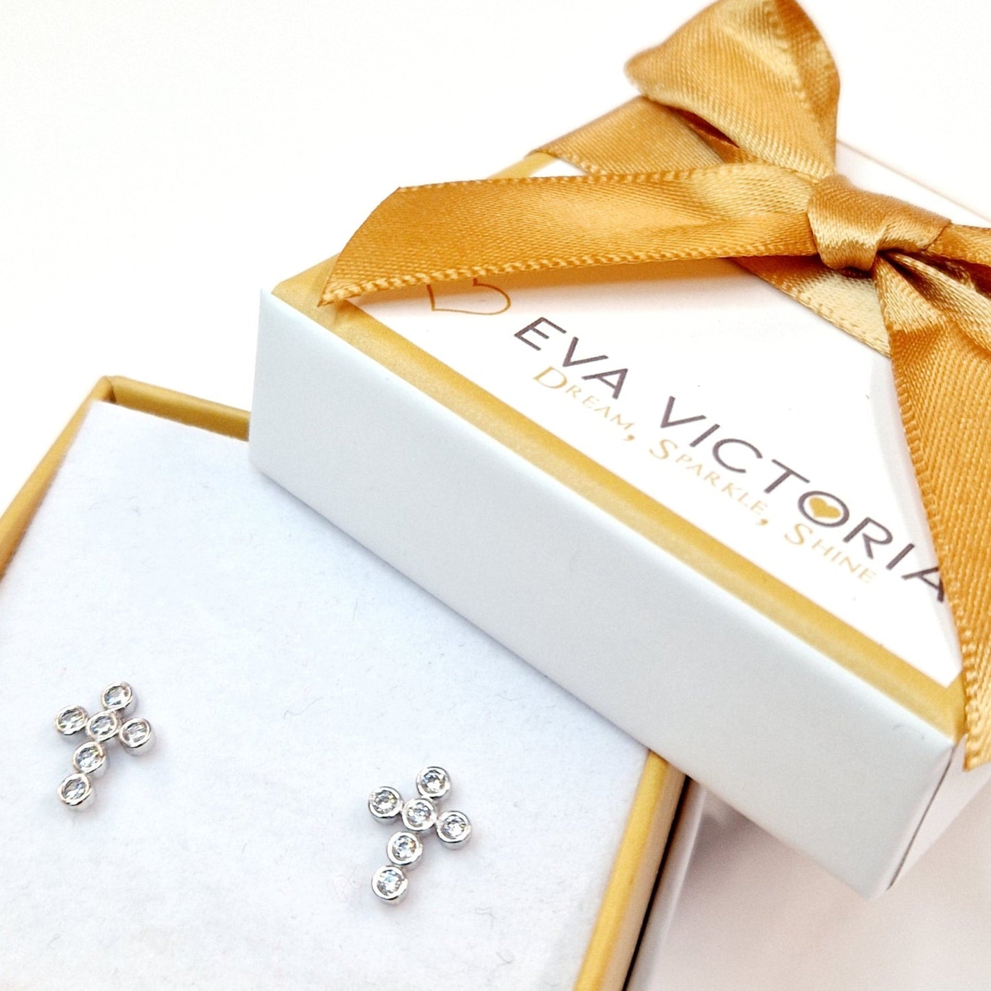 Children's Rounded Cross Pendant & Earrings Sterling Silver Set