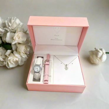 Communion Sterling Silver Angel Pendant & Watch Gift Set & Pink Strap