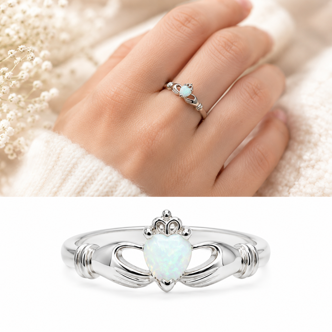Sterling Silver Opal Claddagh Ring