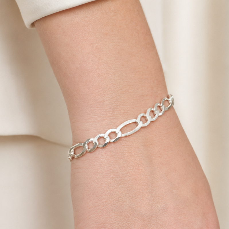 Sterling Silver Figaro Bracelet for Men 7.6mm