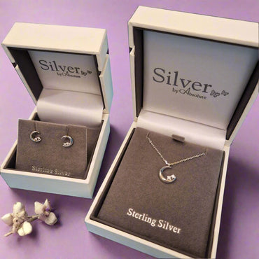 Two Stars on Moon Sterling Silver Pendant