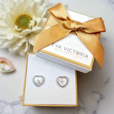 Mother of Pearl Cross in Heart Sterling Silver Stud Earrings