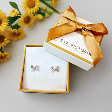 Sparkling Bows with Pearls Sterling Silver Stud Earrings