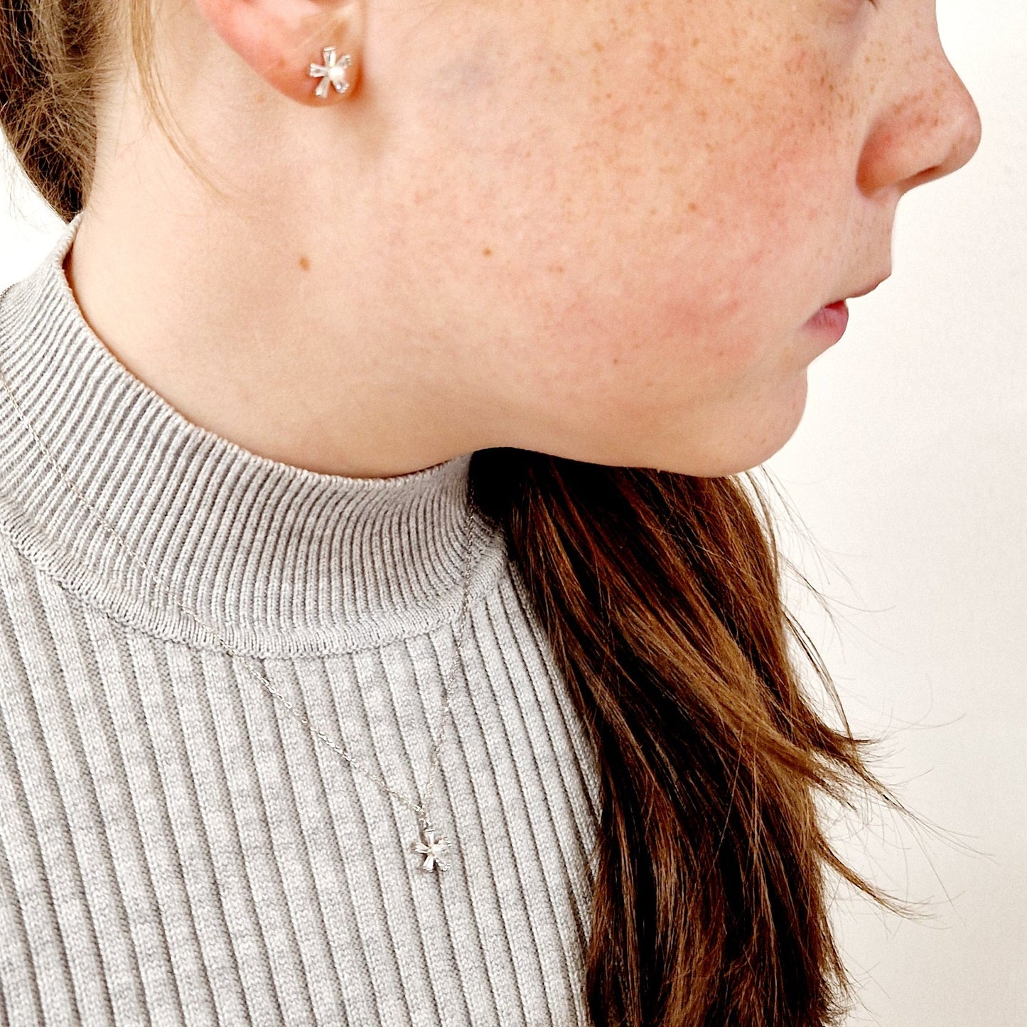 Children's Pearl Flower Pendant & Earrings Sterling Silver Set