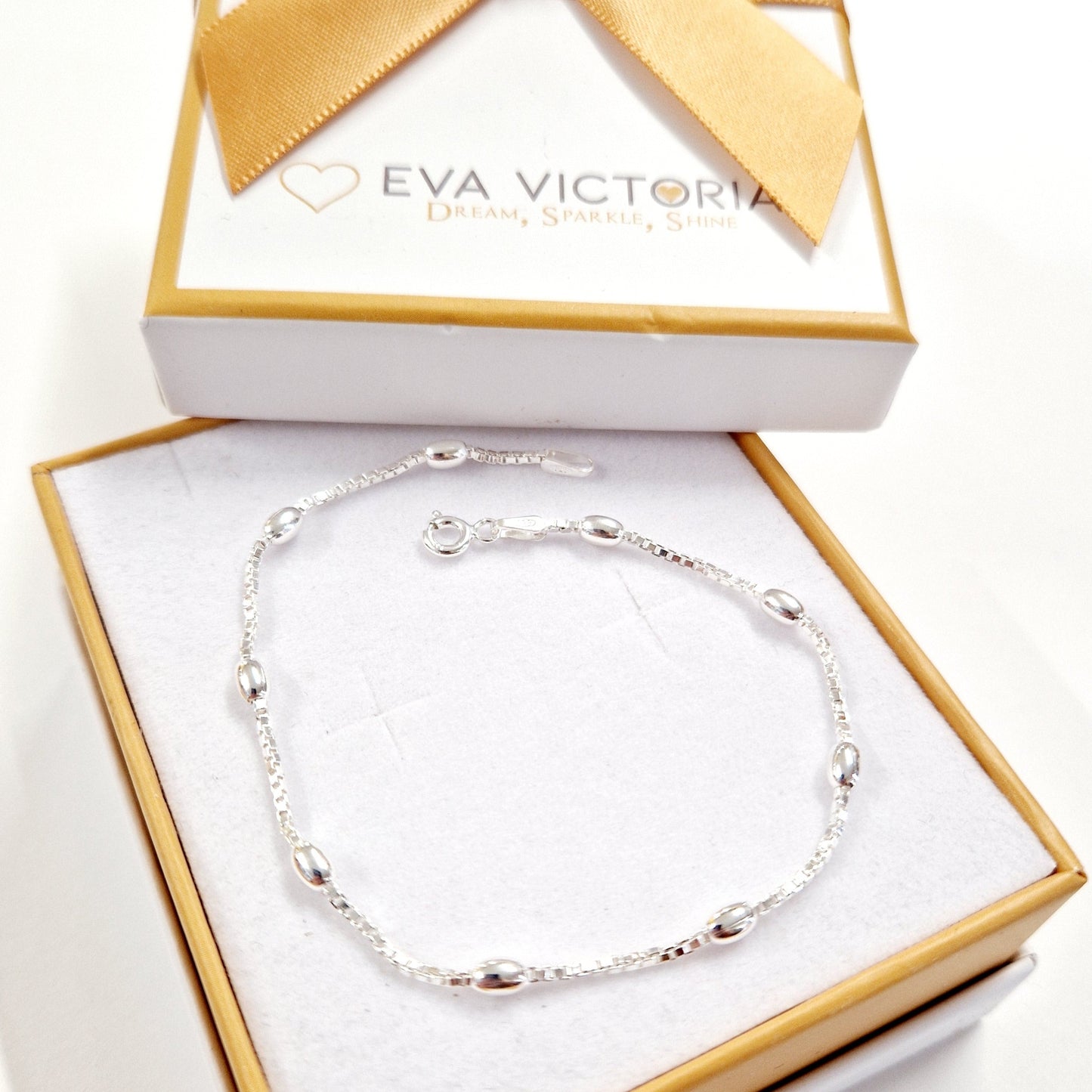 Sterling Silver Oval Beads Box Chain 7,5" Bracelet