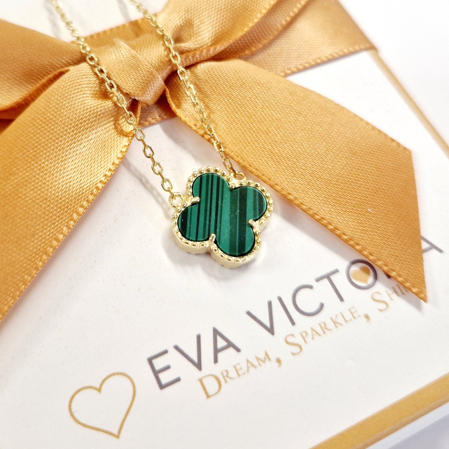 18ct Gold Plated Sterling Silver Green Malachite Clover Necklet