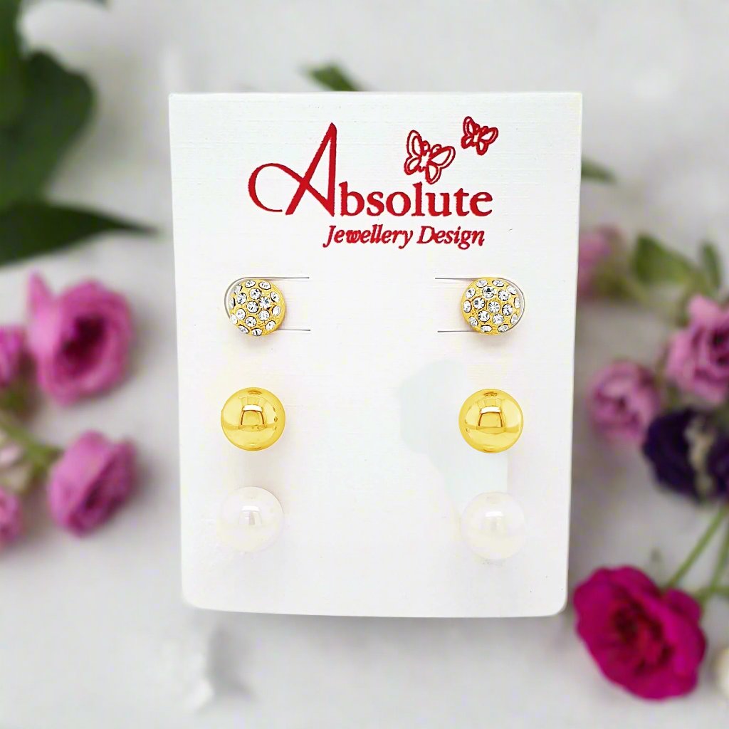 Absolute Jewellery Set of 3 Gold Stud Earrings