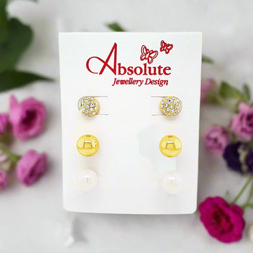 Absolute Jewellery Set of 3 Gold Stud Earrings