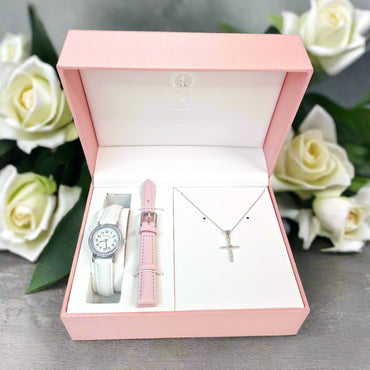 Communion Sterling Silver Sparkling Cross & Watch Gift Set & Pink Strap