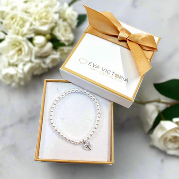 Charm Cross in Heart Pearls Children Sterling Silver Communion Bracelet