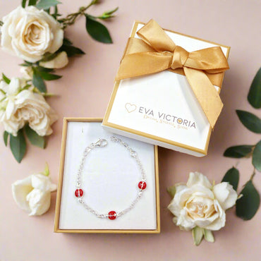 Red Ladybugs Sterling Silver Kids Bracelet