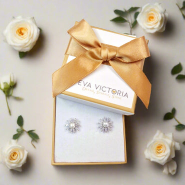 Sterling Silver Flower Pearl Stud Earrings